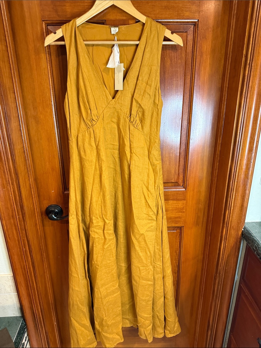 Mustard V-Neck Maxi Linen Dress - Women